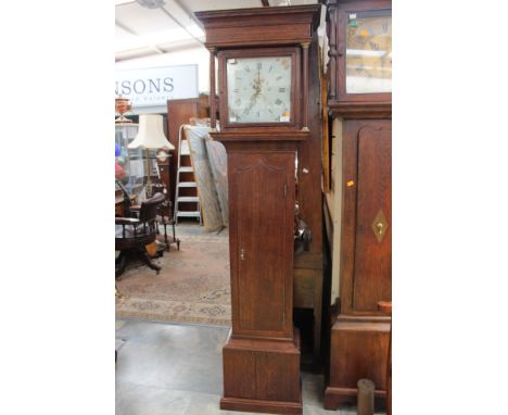 A George III oak 30 hour longcase clock, having a white enamelled dial, inscribed 'R Boyfield, Melton, the hood with turned c