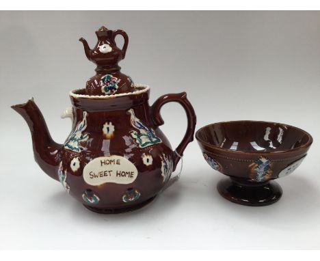 Bargeware teapot and cover (with teapot to cover) with similar bowl, possibly Bretby (2) 