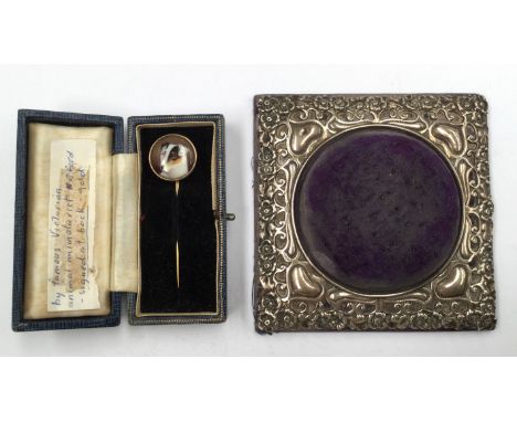 A Victorian stick pin, the circular enamel finial depicting terrier dog, signed W.B. Ford, verso in box; together with an Edw