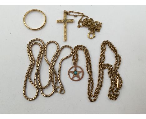 A 9ct crucifix pendant, a 9ct snake link chain, 9ct pendant set turquoise and 22ct wedding band (4) 