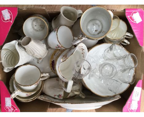  19th Century Staffordshire porcelain tea set, circa 1840, breakfast cups and coffee cups,  along with 19th Century glasses