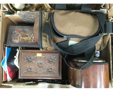 Mahogany bracket clock (including key and pendulum) carved oak box, wooden chess set and board, two further chess sets, a tin