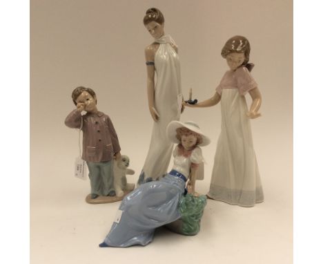 Four Nao figures for Lladro including girl with candlestick 01159; boy with Teddy 01139; woman in evening dress 1205 (damaged