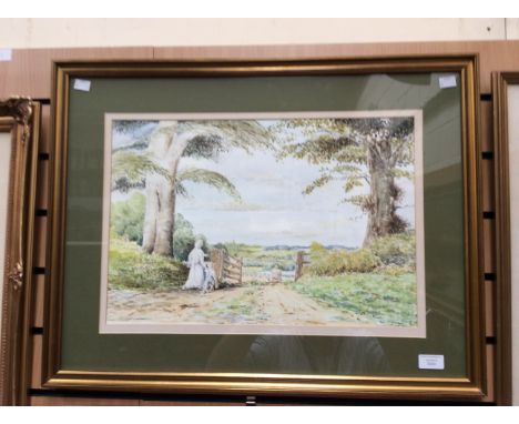 James Stokes, a 19th Century scene depicting a mother and child approaching a gate in a meadow, watercolour, signed to lower 