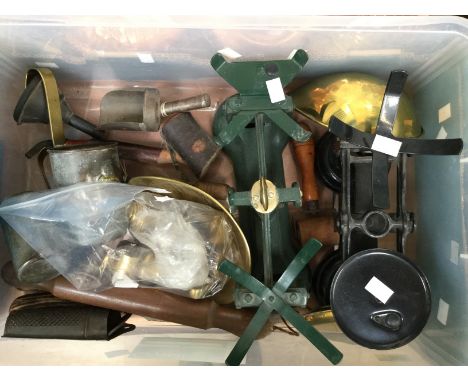 Two sets of weighing scales with imperial weights and other kitchenalia 