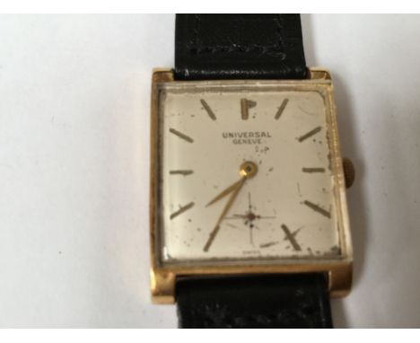 A Universal Geneve 18ct. gold gentleman's wrist watch, manual wind, rectangular silvered baton dial, rectangular snap back ca