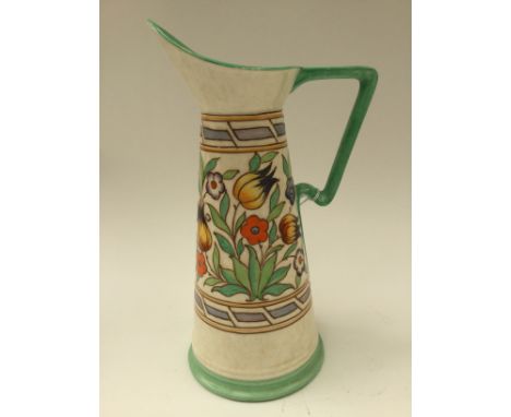 A Charlotte Rhead Bursley Ware conical shaped water jug, circa 1930, hand painted with flowering foliage, green painted lip, 