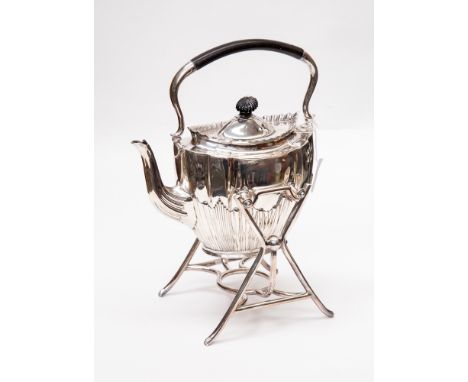 An Edwardian silver spirit kettle on stand, ogee section boat form with flame reeding to the lower half, ebonised handle and 