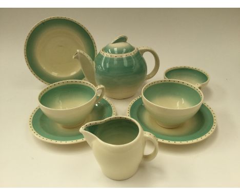  Susie Cooper, an Art Deco breakfast teaset, Kestrel teapot, green with black dots (unmarked) (8) 