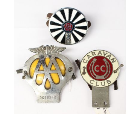 Three vintage enamel car radiator badges: AA, Roundtable and the Caravan Club. (3)