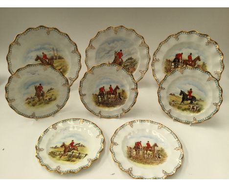 Eight Royal Crown Derby hand painted cabinet plates, depicting hunting scenes, signed by 'J. Doyce', C.M. Pell and others (8)