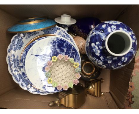 A Chinese lidded pot, a mantle clock, cloisonne, blue and white etc (1 box)