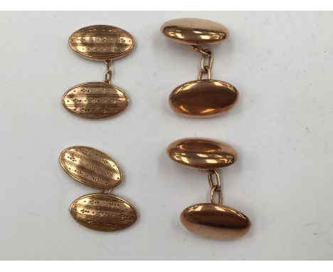 Two pairs of 9ct. gold cufflinks, both chain link fitting, one of plain, hollow, oval form, hallmarked 9 carat gold, the othe