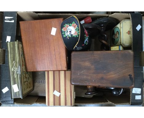 Victorian oak and mahogany jewel boxes, vintage tins, two travel irons and an Edwardian embossing stamp, two boxes to include