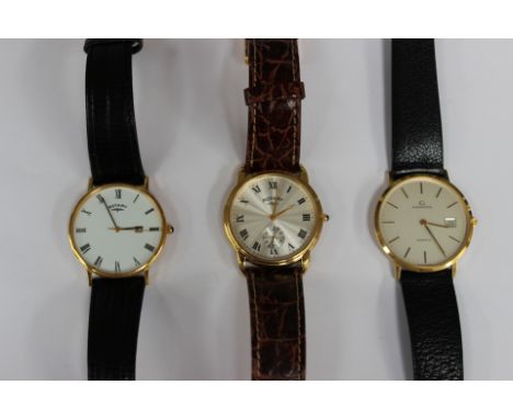 Two gentlemen's Rotary gold plated wristwatches, leather wristbands, one with subsidiary dial and the second with date window