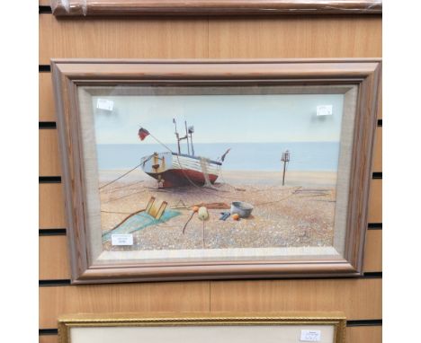 R. Milliken framed and glazed watercolour, beach and boat scene