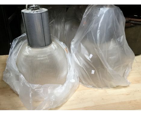 Two large industrial light fittings, bulbous perspex shades (2) 