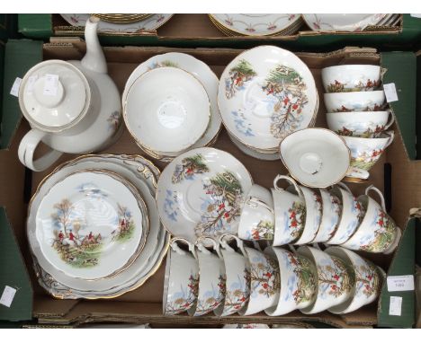 Hunting interest: a Greys and Regency part tea service, including teapot, cake plates, cups, saucers, sides, milk and sugar 
