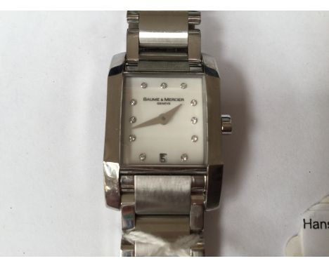  Baume & Mercier, a lady's steel Baume & Mercier Hampton wristwatch, 2cm square mother of pearl dial with dagger hands, diamo