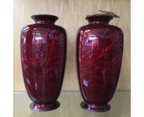A pair of closone vases, one converted to a lamp base, red having bamboo pattern (2)