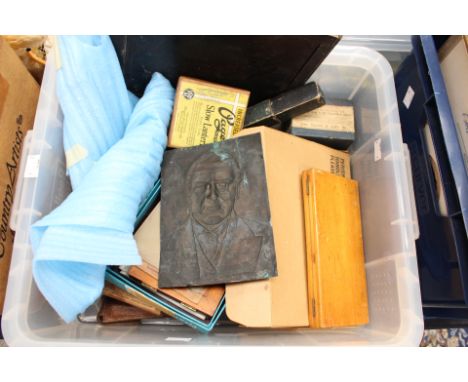 A collection of glass magic lantern slides to include Woodbury slides and paperweights, two glass negatives of Queen Victoria