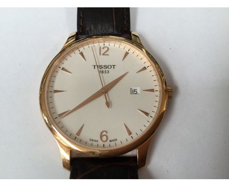 Tissot gentleman's gold plated watch, large dial buttons, date window, leather crocodile print strap, T063610A deployment cla