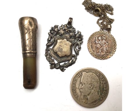 Silver fobwatch medallion, St Christopher and chain, a cheroot holder and a Napoleaon III, 1866 coin 