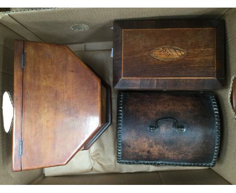 A mahogany knife box (interior missing) tea caddy and leather sewing box in the form of a trunk (all in one box) 