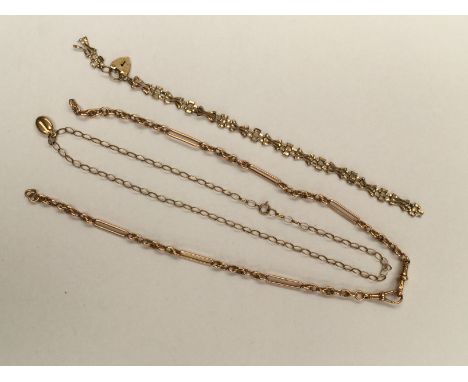 A 9ct rose gold watch chain a/f, a 9ct gold gate bracelet a/f, and a 9ct gold coffee bean pendant and chain, approx 16.7gms (