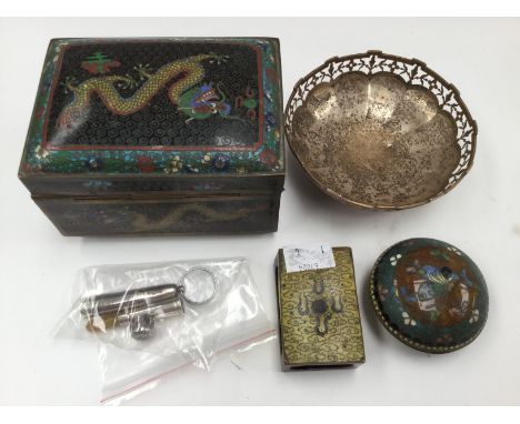 A Silver Bon-Bon Dish, a Silver mounted Cheroot holder in a silver case and three cloisonne enamel items.