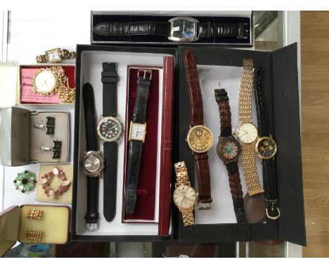 A collection of gents watches and costume jewellery to include a gold plated Longines with rolled gold strap,  along with Rot