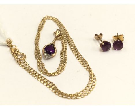 A 9ct gold amethyst and diamond necklace, tear drop shaped with a 9ct gold chain, along with a pair of yellow metal and ameth