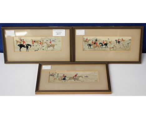 Three 19th Century cash silk hunting scenes, stevengraphs style, depicting fox hunting scenes, entitled 'The Meet' 'Fell Cry'