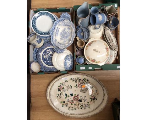 A collection of various blue and white ceramics, including Spode, comprising plates, bowls, dishes, side plates, etc; togethe