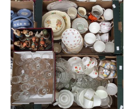 Eight Hummel Gobel figures, assorted tea wares including Palissy, Duchess, Royal Vale etc including assorted glassware (4 box