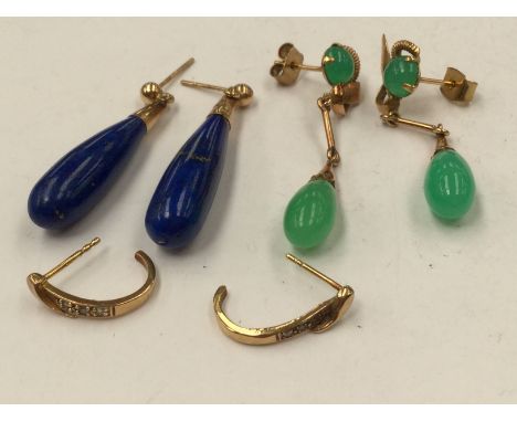 Three pairs of earrings, comprising gold and diamond earrings, Lapis Lazuli drop earrings, plus a pair of Jade drop earrings,