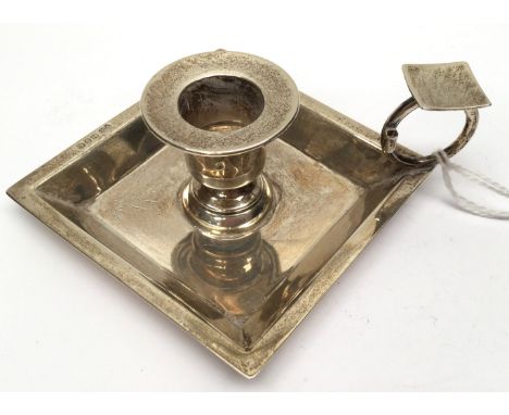 A Victorian silver miniature chamber stick with snuffer, square section with ring handle, Deakin and Francis, Birmingham 1892