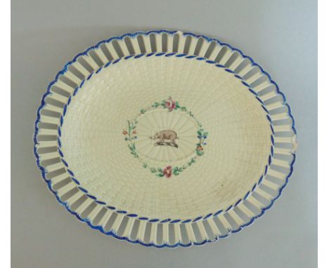 A Leeds  Pottery Pearlware Oval Dish with a pierced gallery and moulded basket weave. The centre has a  painted Boar within a