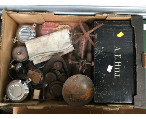 A Deed box (A.E. Hill), a set of scales and weights and other metalware together with a WWII snad bag (1 box)