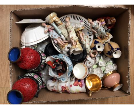 Royal Worcester coffee wares, Meissen style figurines, Royal Copenhagen cups and saucers and other ceramics (one box) 