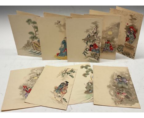 Japan - Japanese School (late Meiji/early Taishō period), a set of nine card narrative leaves, each printed in monochrome, an