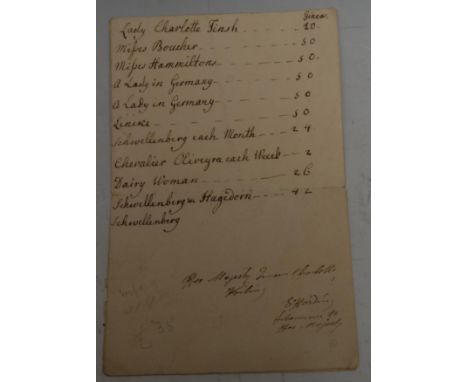 Royalty - Queen Charlotte Sophia (1744-1818), George III's Consort, an unsigned list of 1pp in ink manuscript, tabulating pay