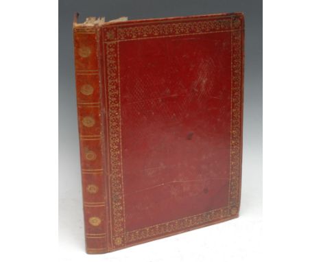 An early 19th century French Directoire red morocco print-collector's album, three-quarters of which is illustrated with unif