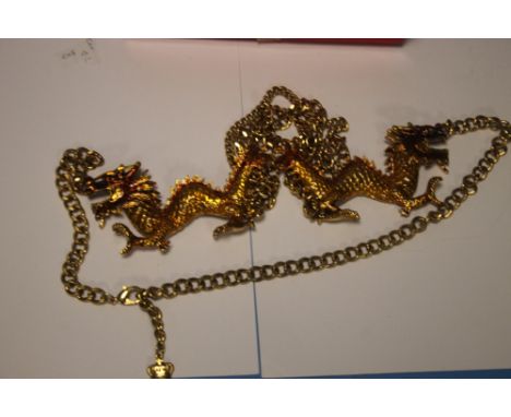 BUTLER AND WILSON BOXED GOLD TONE ENAMEL DOUBLE DRAGON NECKLACE