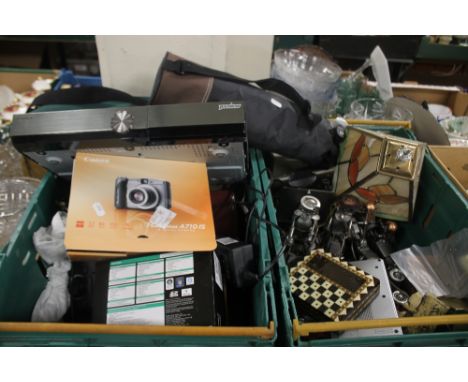TWO TRAYS OF SUNDRIES AND ELECTRICAL'S, TO INCLUDE CAMERAS AND LAMP ETC (TRAYS NOT INCLUDED) 