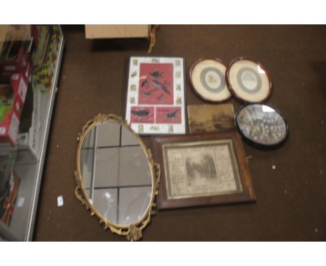 A BEAD PICTURE OF BIRDS, together with a circular floral bead / tapestry picture, a print on glass, two oval framed photograp