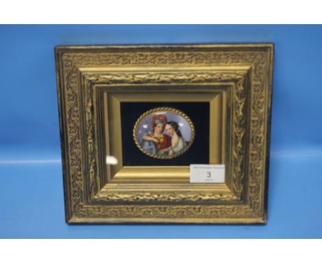 A SMALL FRAMED CERAMIC PLAQUE DEPICTING 2 CLASSICAL STYLE FIGURES 22.5 CM X 20 CM