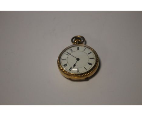 AN 18 CT GOLD KEY WIND OPEN FACE POCKET WATCH THE DIAL WHITE ENAMEL WITH BLACK ROMAN NUMERALSThe case carries British 18 ct h