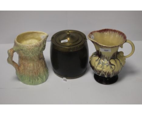 A WOODEN LIDDED BARREL, TOGETHER WITH TWO CERAMIC VASES TO INCLUDE SYLVAC
