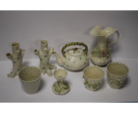 A COLLECTION OF EIGHT BELLEEK ORNAMENTS, TO INCLUDE TEAPOT ETC, ALL WITH GREEN STAMP TO BASE 